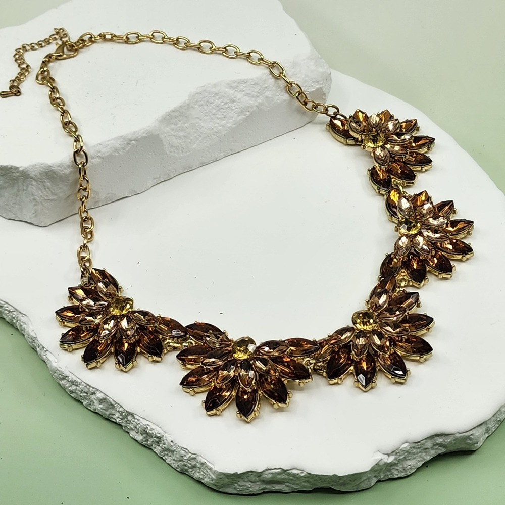 Brown Rhinestone Floral Statement Necklace Amber & Gold Tone Glam Jewelry Gift